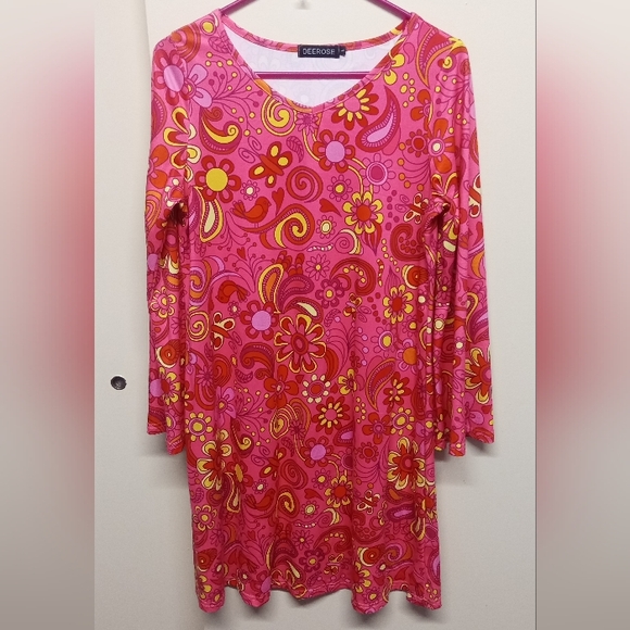 Colorful Hippie Print Sz Large Soft Stretchy Knee Length Shift Dress DEEROSE - Picture 1 of 5